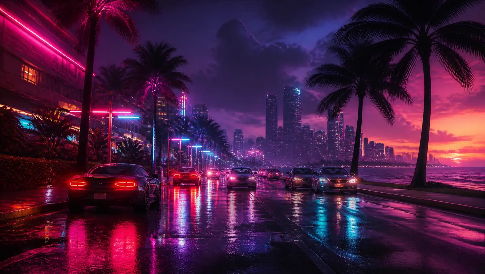 Neon-lit rain-slicked boulevard at night with palm trees and a distant skyline